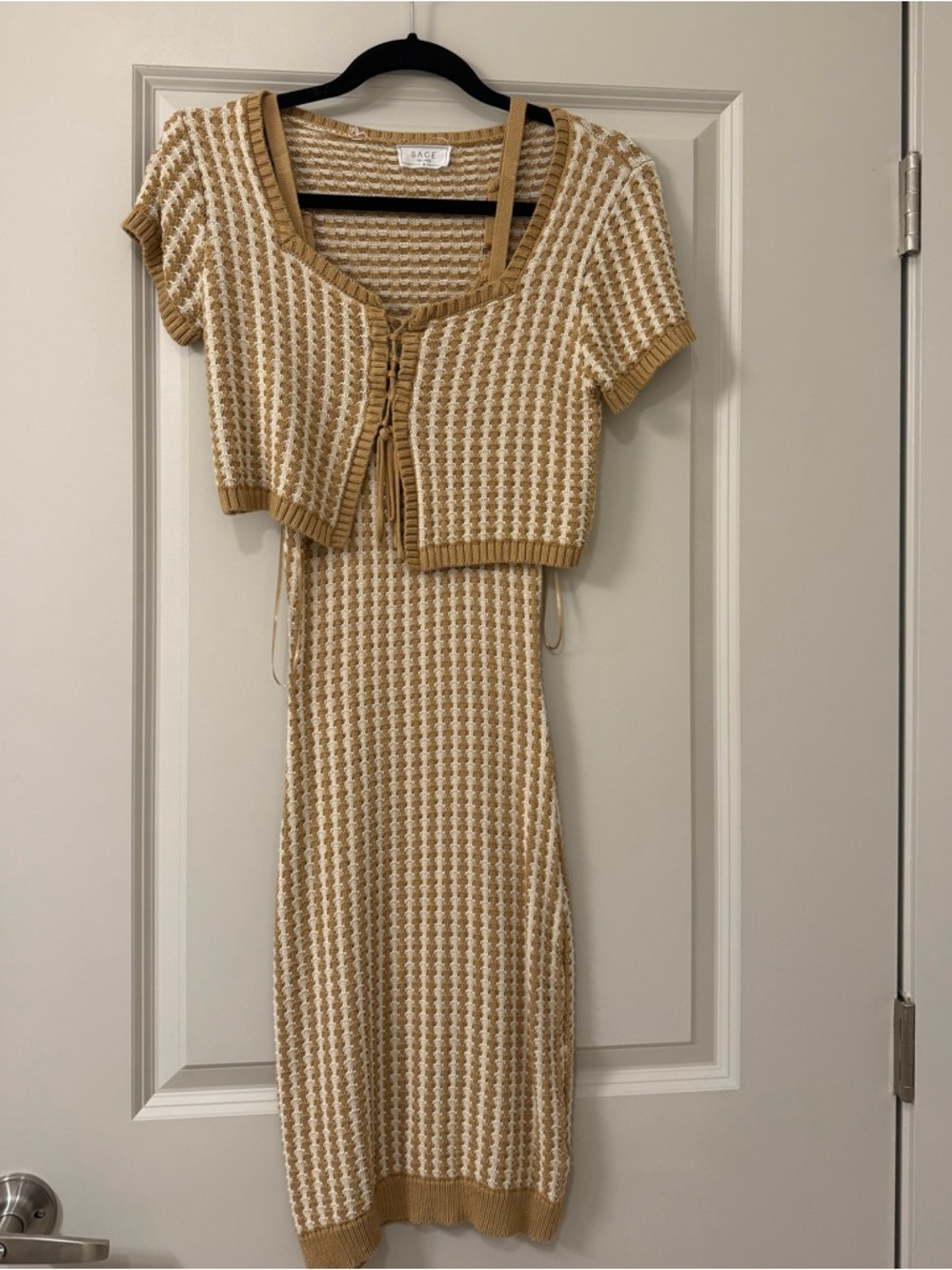 Sage Beige & White Crochet Knit Two-Piece Midi Dress and Top